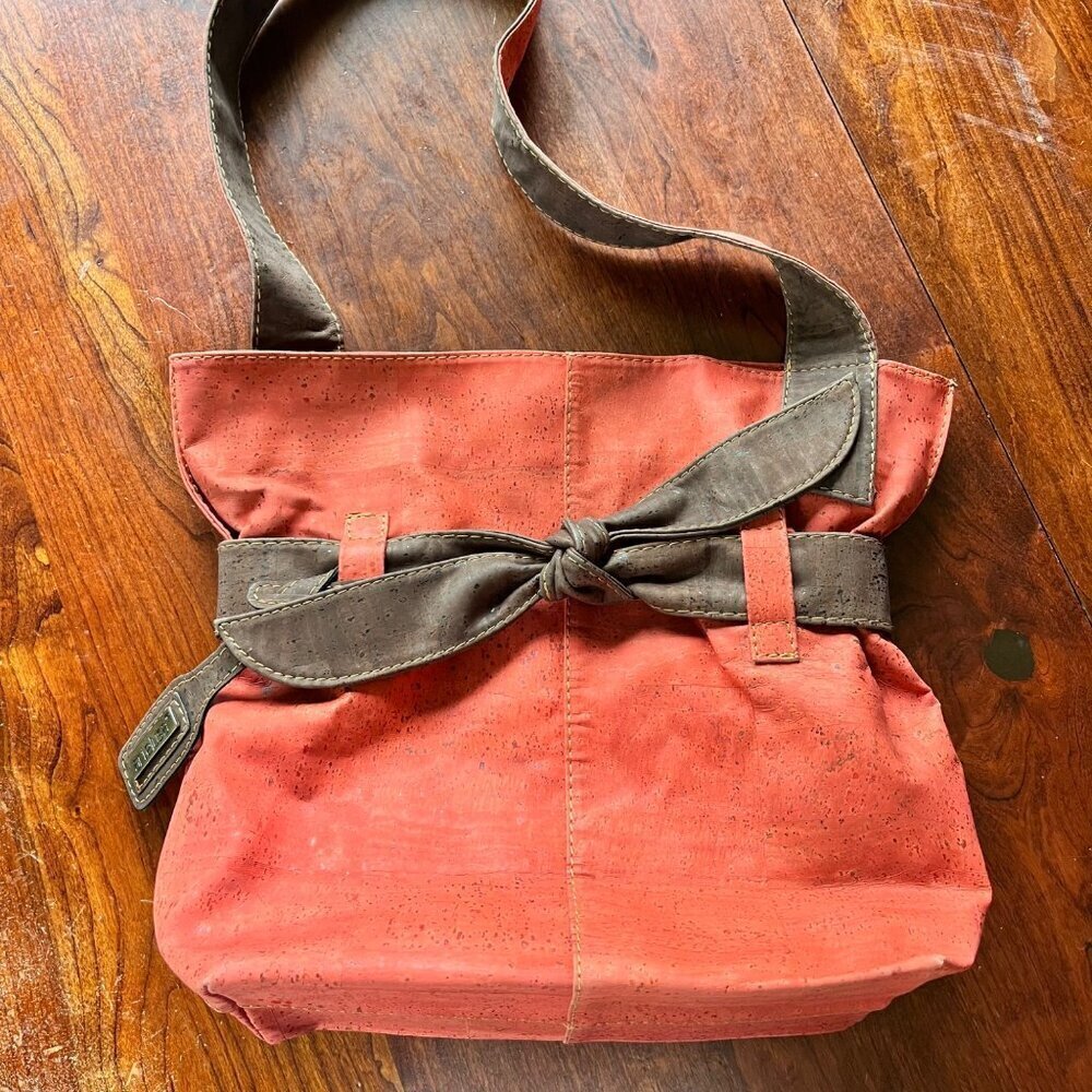 Artelusa Coral & Brown Cork Shoulder‎ Bag With Bow Detail